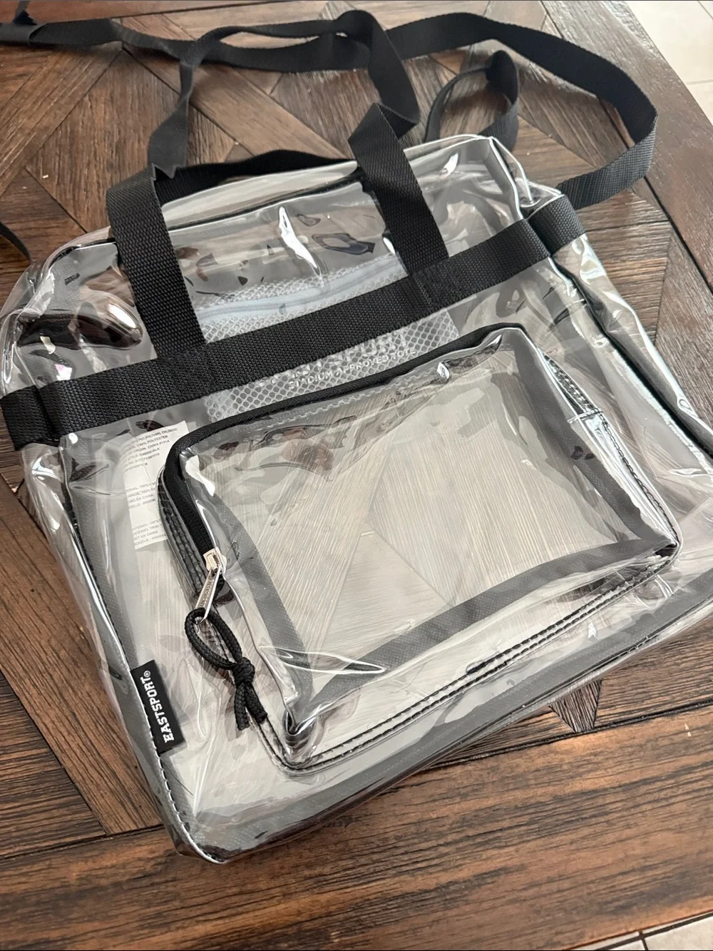 Eastsport Clear Stadium Approved Tote Bag PVC Transparent Purse Black Straps NWT